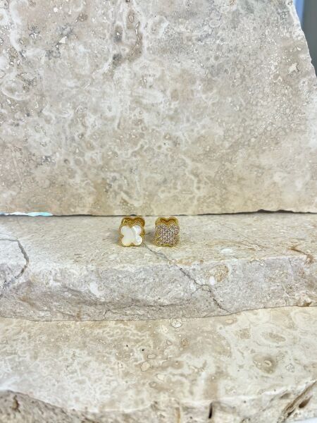Çelik Küpe | 316L Paslanmaz Çelik | Gold-Siyah/Beyaz Renk | Suya Dayanıklı Beyaz