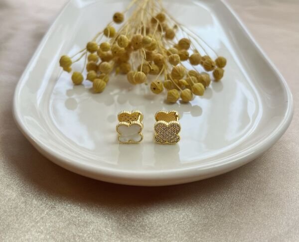 Çelik Küpe | 316L Paslanmaz Çelik | Gold-Siyah/Beyaz Renk | Suya Dayanıklı Beyaz
