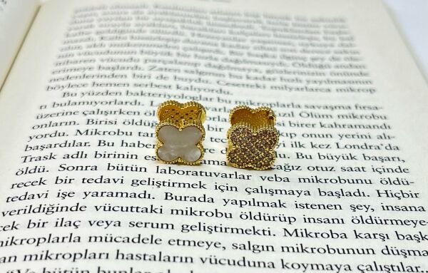Çelik Küpe | 316L Paslanmaz Çelik | Gold-Siyah/Beyaz Renk | Suya Dayanıklı Beyaz