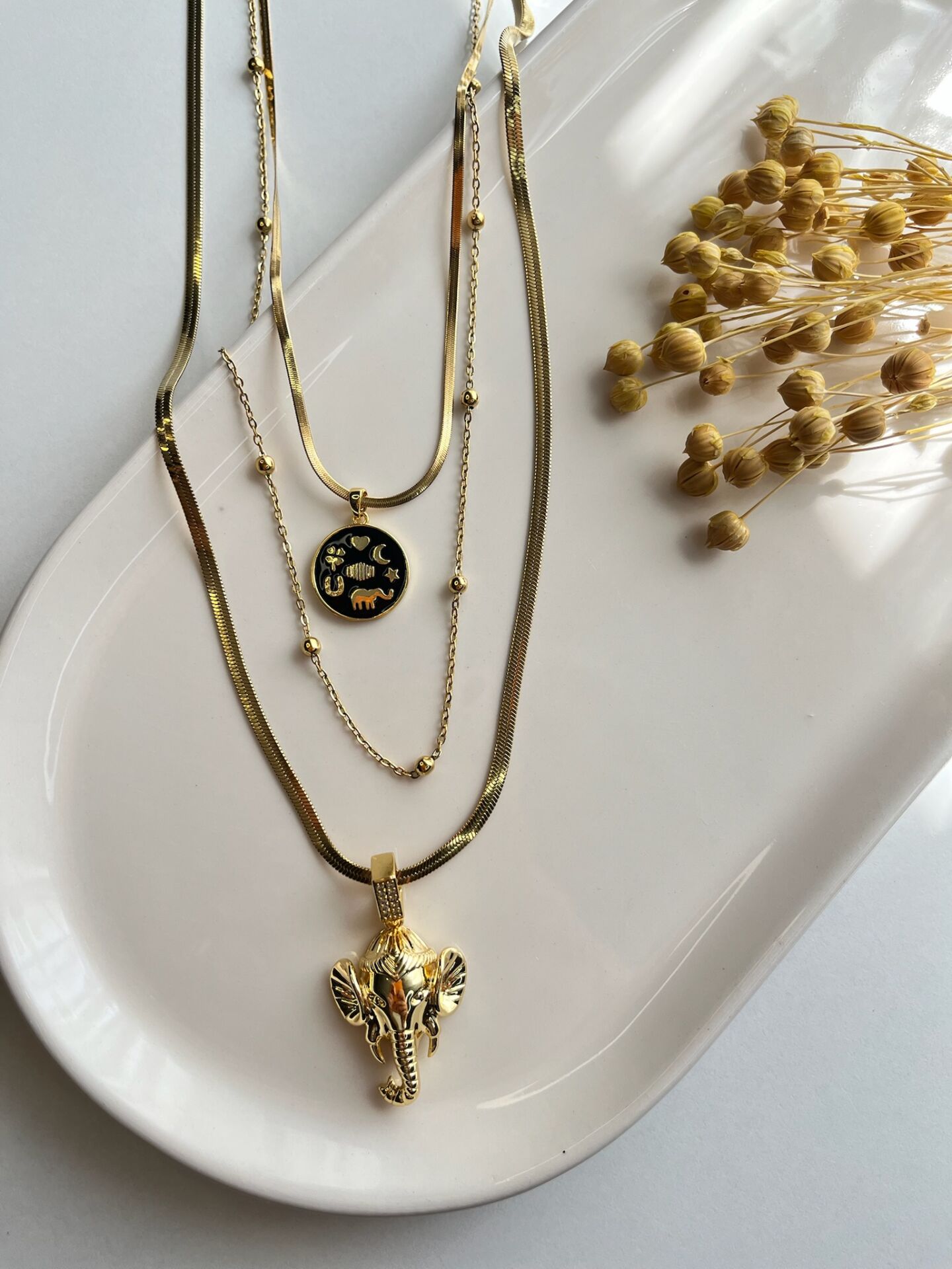 Çelik Kolye | 316L Paslanmaz Çelik | Gold Renk | 3'lü Set | Suya Dayanıklı