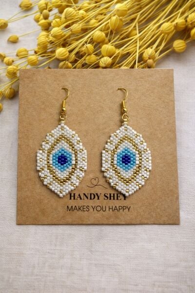 Miyuki Nazar Boncuğu Desenli Küpe | El Yapımı | Çelik Aparatlı