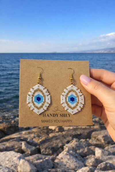 Miyuki Nazar Boncuğu Desenli Küpe | El Yapımı | Çelik Aparatlı