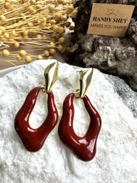 Modern Tasarım Küpe | Trend Model - Yazlık Stil - Gold/Bordo Renk