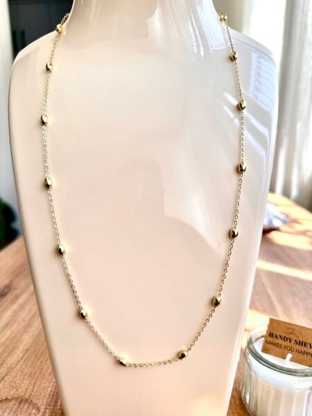 Aralıklı Oval Boncuk Altın Kaplama Kolye | VIP Özel Seri | Gold Renk - 60 Cm