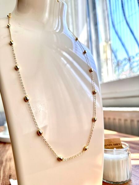 Aralıklı Oval Boncuk Altın Kaplama Kolye | VIP Özel Seri | Gold Renk - 60 Cm