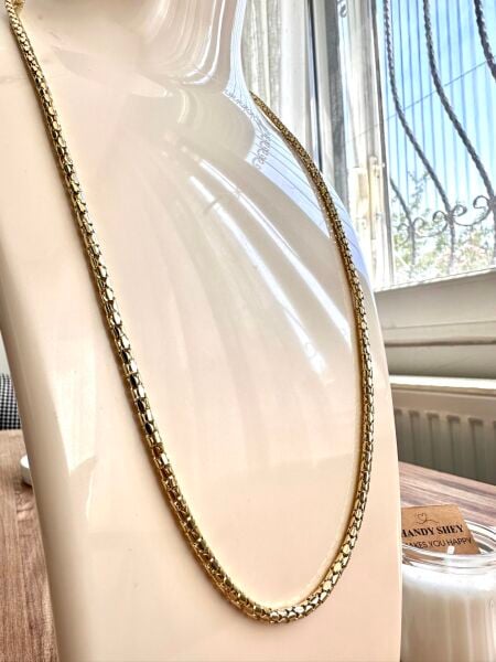 Kare Örgü Zincir Altın Kaplama Kolye | VIP Özel Seri | Gold Renk - 60 Cm