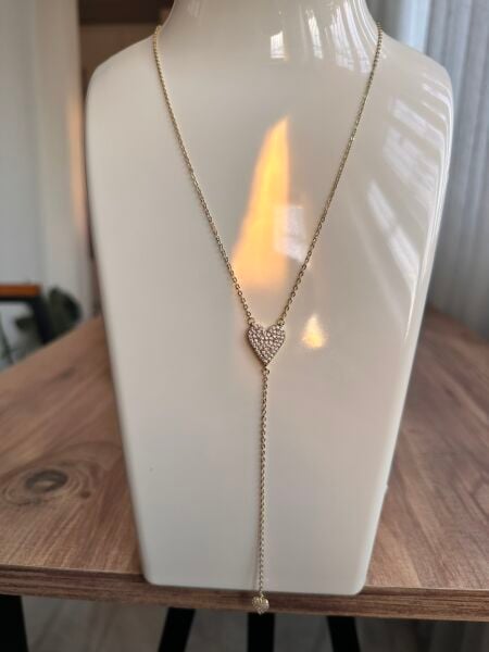 Taşlı Kalp Y Altın Kaplama Kolye | VIP Özel Seri | Gold Renk - 48 Cm