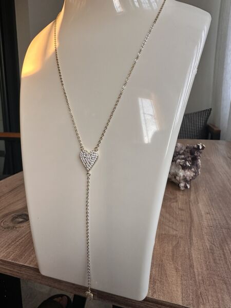 Taşlı Kalp Y Altın Kaplama Kolye | VIP Özel Seri | Gold Renk - 48 Cm