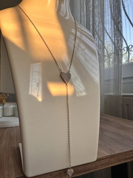 Taşlı Kalp Y Altın Kaplama Kolye | VIP Özel Seri | Gold Renk - 48 Cm