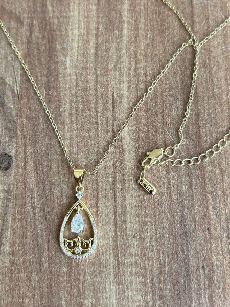 Taşlı Damla Motif Altın Kaplama Kolye | VIP Özel Seri | CM Logolu - 45 Cm