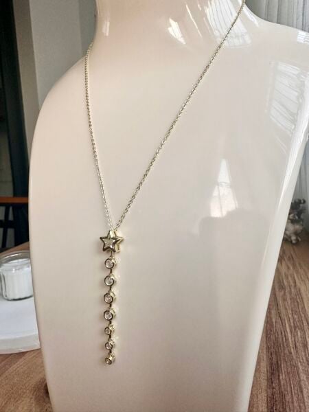Sallantılı Yıldız ve Sıralı Taş Çelik Kolye | 316L Paslanmaz Çelik | Suya Dayanıklı-40 Cm