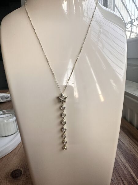 Sallantılı Yıldız ve Sıralı Taş Çelik Kolye | 316L Paslanmaz Çelik | Suya Dayanıklı-40 Cm