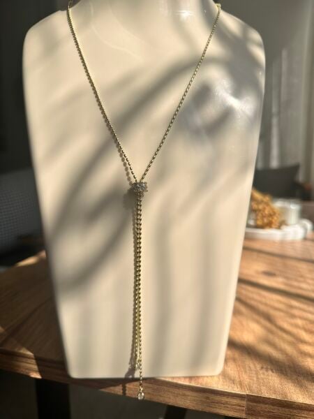 Taşlı Sabit Y Model Altın Kaplama Kolye | VIP Özel Seri - 40 Cm