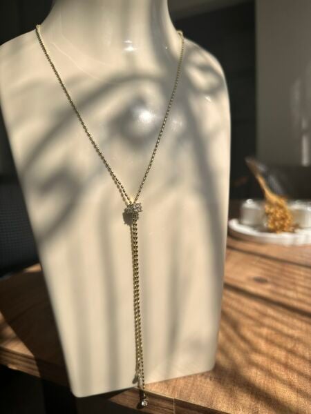 Taşlı Sabit Y Model Altın Kaplama Kolye | VIP Özel Seri - 40 Cm