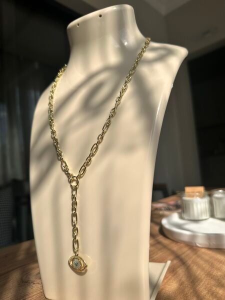 Turkuaz Taşlı Nazar Göz Y Model Altın Kaplama Kolye | VIP Özel Seri - 50 Cm