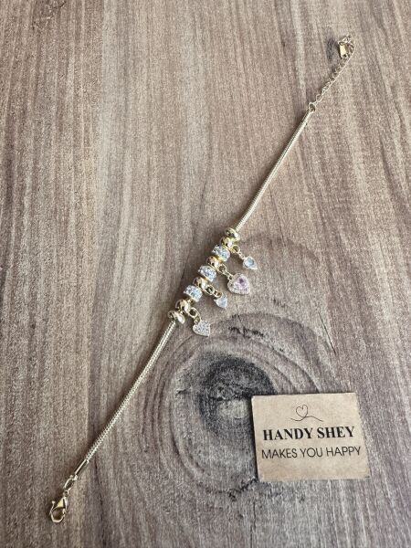 Pembe Taşlı Kalp Charm Çelik Bileklik | 316L Paslanmaz Çelik - 17 cm