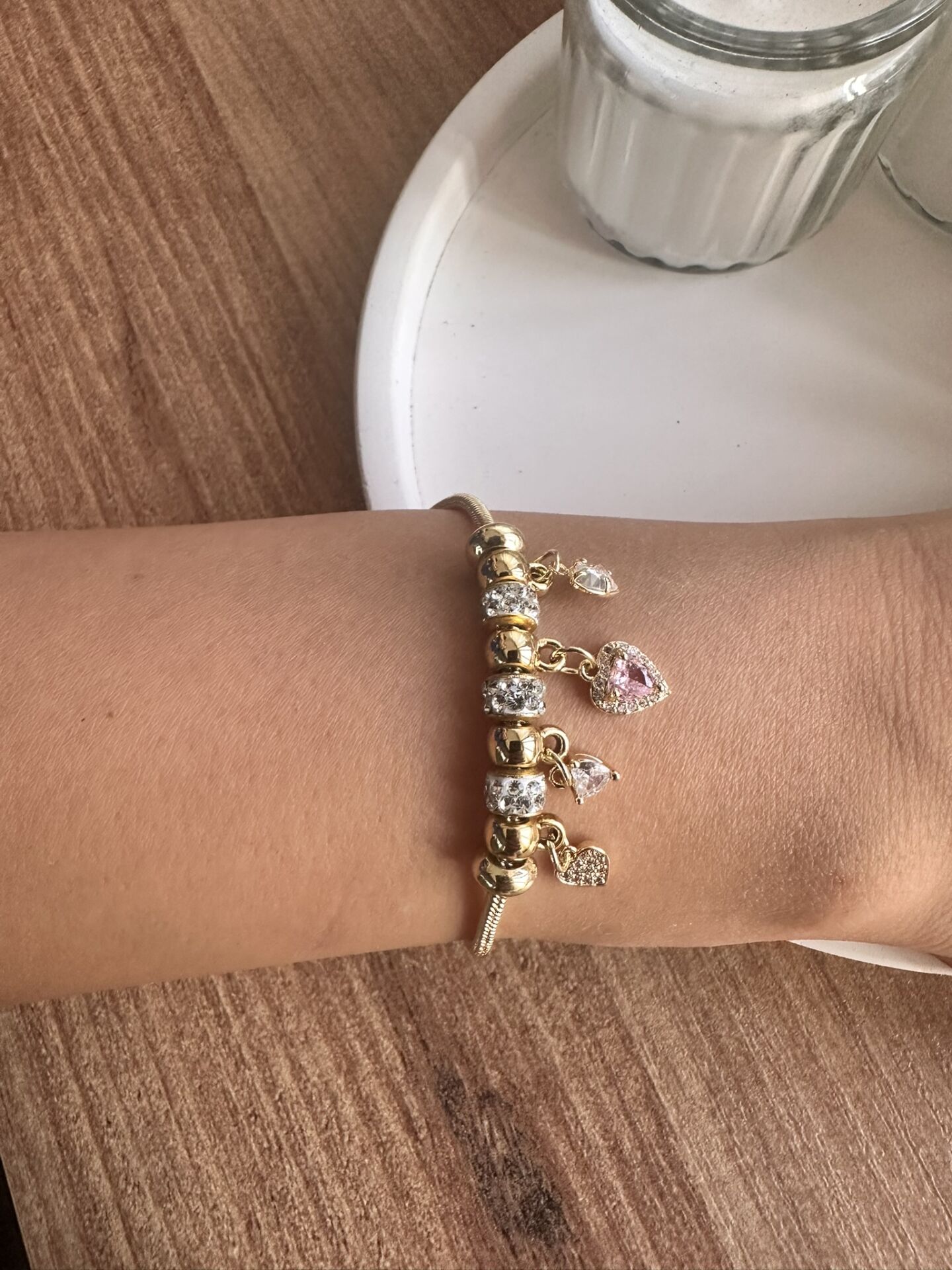 Pembe Taşlı Kalp Charm Çelik Bileklik | 316L Paslanmaz Çelik - 17 cm