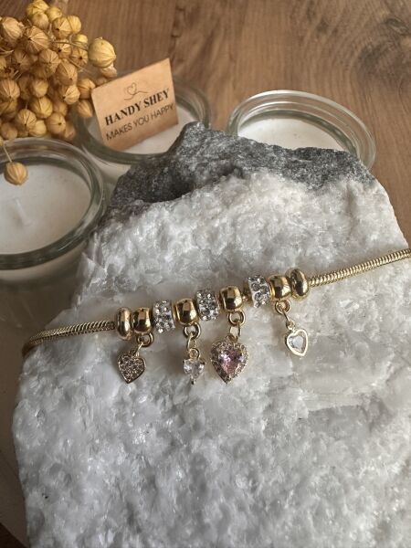 Pembe Taşlı Kalp Charm Çelik Bileklik | 316L Paslanmaz Çelik - 17 cm