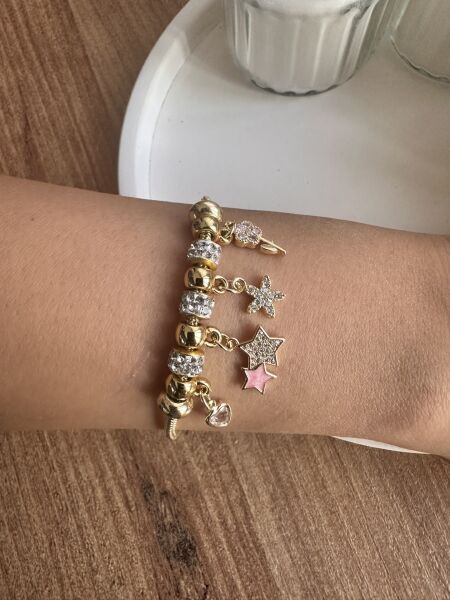 Taşlı Yıldız ve Çiçek Charm Çelik Bileklik | 316L Paslanmaz Çelik - 17 cm