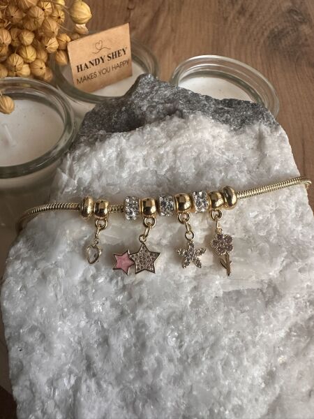 Taşlı Yıldız ve Çiçek Charm Çelik Bileklik | 316L Paslanmaz Çelik - 17 cm
