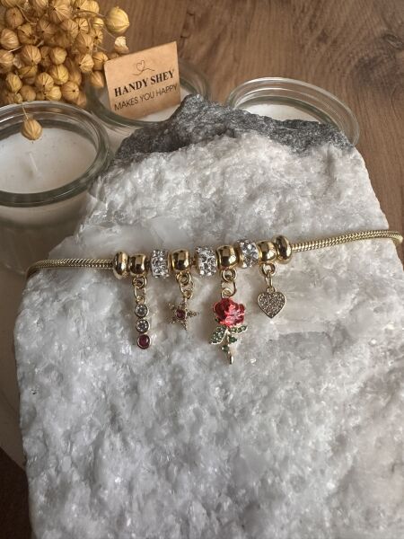Kırmızı Gül ve Taşlı Charm Çelik Bileklik | 316L Paslanmaz Çelik - 17 cm