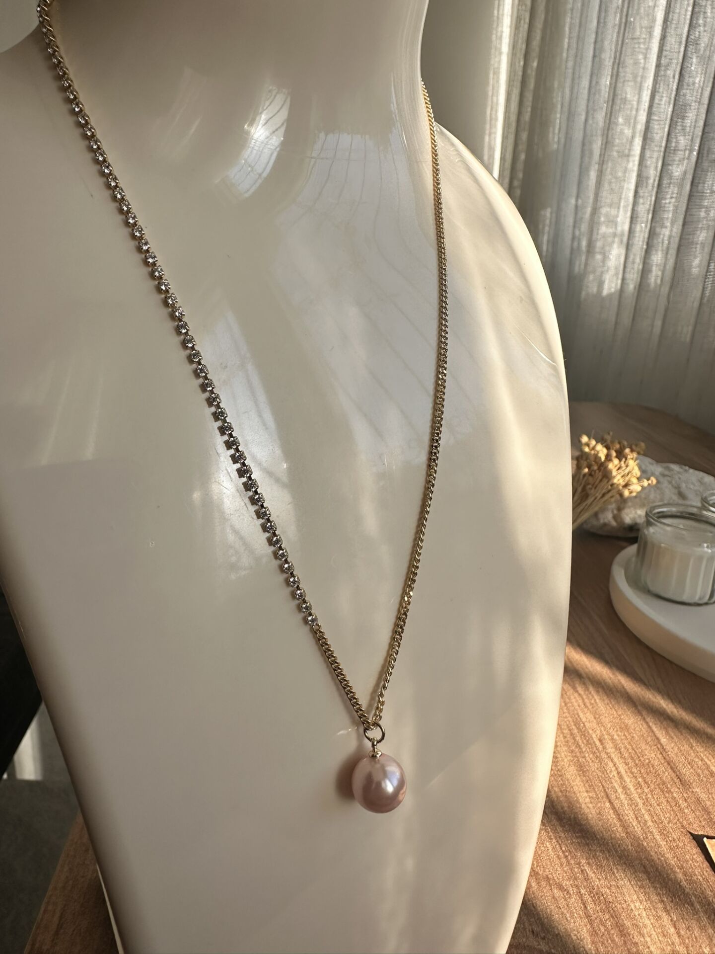 Taşlı Su Yolu Zincirli Pembe İnci Altın Kaplama Kolye | VIP Özel Seri | Xuping Logolu - 40 Cm