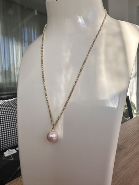Taşlı Su Yolu Zincirli Pembe İnci Altın Kaplama Kolye | VIP Özel Seri | Xuping Logolu - 40 Cm