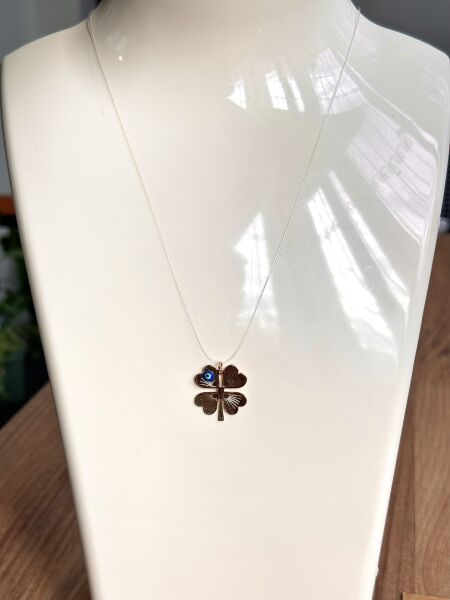 Hayalet Kolye - Nazar Boncuklu Dört Yapraklı Yonca | VIP Özel Seri | Gold Renk - 40 Cm