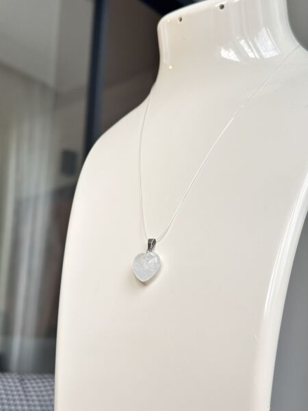 Hayalet Kolye - Beyaz Kuvars Doğal Taş Kalp | VIP Özel Seri | Silver Renk - 40 Cm