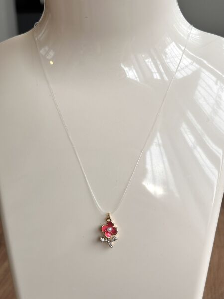 Hayalet Kolye - İncili Pembe Çiçek ve Taşlı Fiyonk | VIP Özel Seri | Gold Renk - 40 Cm